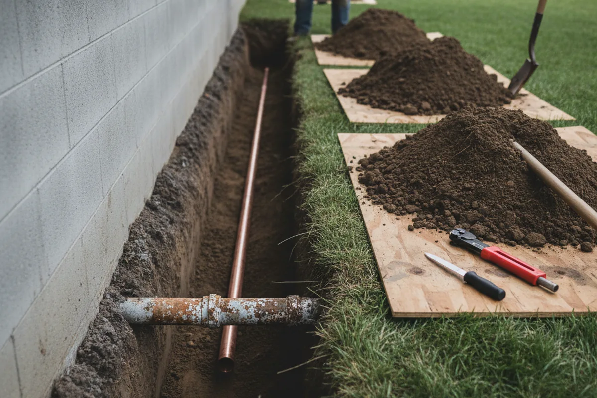 Excavated water line trench during Water Softener Installation in New Castle